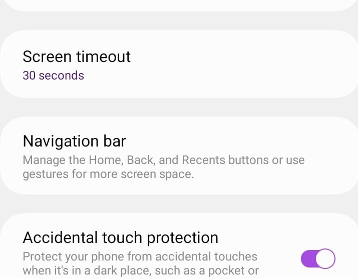 accidental touch protection in Samsung