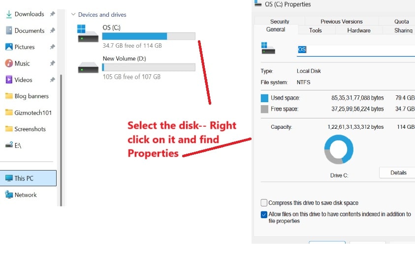 Check storage space to free up disk on laptop