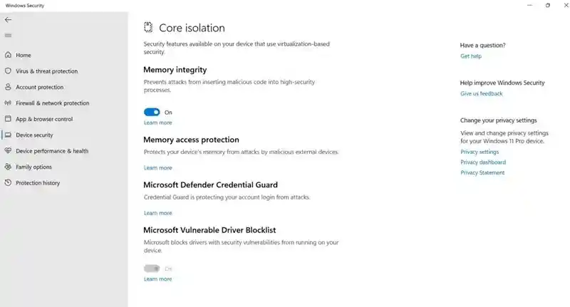 Turn on Memory Integrity option
